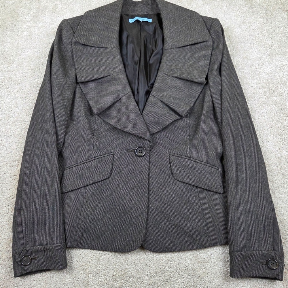 Antonio Melani Ruffled Shawl Collar Blazer Womens 6 One Button Grey Herringbone